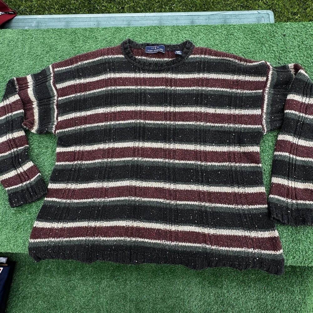 John Ashford Sweater Mens Large Wool Blend Striped Crewneck Vintage 90s
